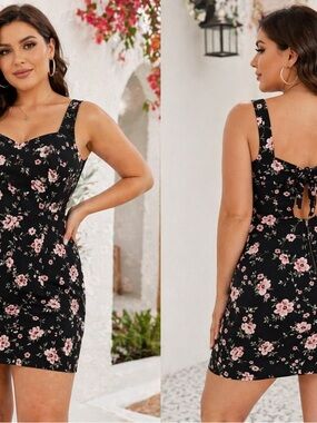 Black Floral Mini Dress Open Back Bow | Size L